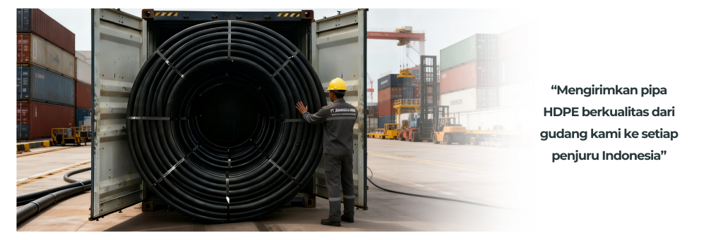 Penyusunan pipa HDPE roll di kontener proyek instalasi pipa